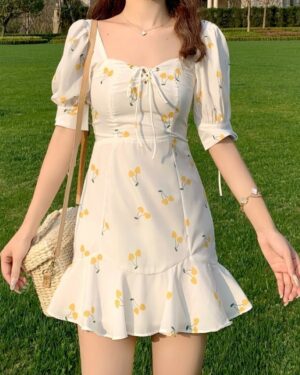 White Fresh Cherry Print Dress | Rose - BlackPink