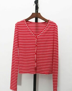 Red Striped Long Sleeve Buttons Cardigan | Seulgi - Red Velvet