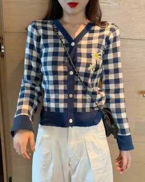 Blue Flower Embroidered Plaid Cardigan | Lisa - BlackPink