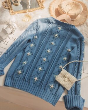 Blue Ruffled Floral Knit Sweater | IU