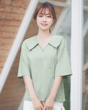 Soft Green Asymmetrical-Buttoned Blouse