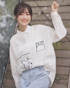 Playful Cat White Long Sleeve Shirt