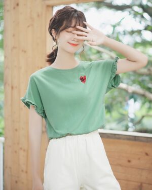 Green Shirred Short Sleeved T-Shirt With Heart Print