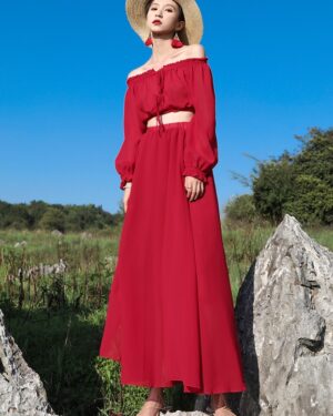 Red Off Shoulder Two-Piece Crop Top And Skirt Set | Solar  - Mamamoo