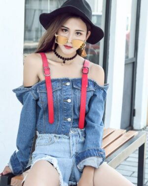 Blue Off-Shoulder Denim Style Crop Top | Rose - BlackPink