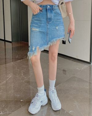 Blue Asymmetrical Distressed Denim Skirt  | Shuhua - (G)I-DLE