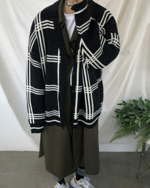 Black Loose Crossed Triple Lines Cardigan | B.I - iKON