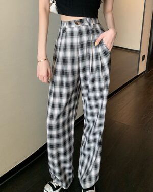 Black Casual Check Patterned Pants | Soojin - (G)I-DLE