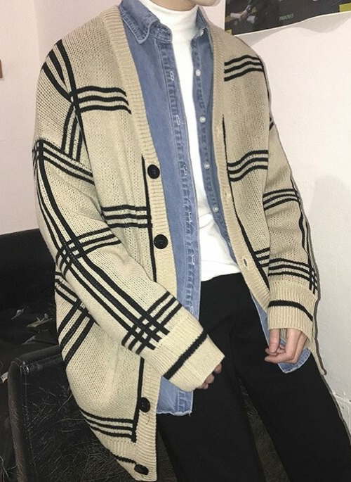 Beige Plaid Knitted Cardigan | Mingyu – Seventeen