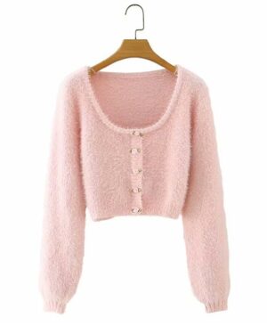 Pink Rose Button Mohair Cardigan | Miyeon - (G)I-DLE