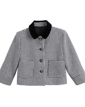 Black And White Houndstooth Wool Jacket | Joy - Red Velvet