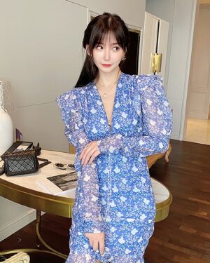 Blue Puff-Sleeve Ruffled Front Floral Dress | Mina - Twice