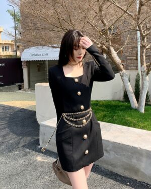 Black Square Neck Long Sleeve Dress With Gold Buttons | Yeri - Red Velvet