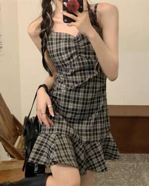 Black And White Checkered Sling Dress | Winter - Aespa