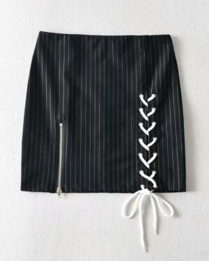 Black Stripe Lace-Up Skirt With Zipper | Jennie - BlackPink