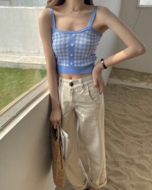 Blue Gingham Sleeveless Crop Top | Lia - ITZY