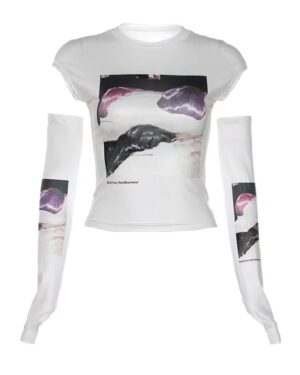 White Graphic Print T-Shirt And Arm Sleeves Set | Jennie - BlackPink