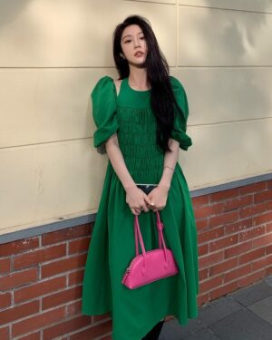 Green Puff Sleeve Halter Dress | Joy - Red Velvet