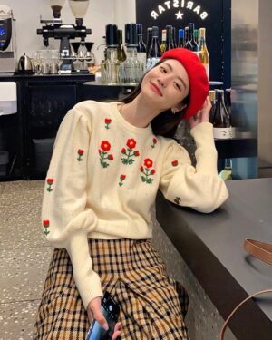 Beige Flower Embroidered Sweater | IU