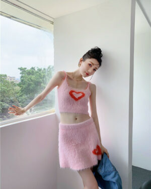 Pink Heart Fur Camisole Crop Top | Joy - Red Velvet