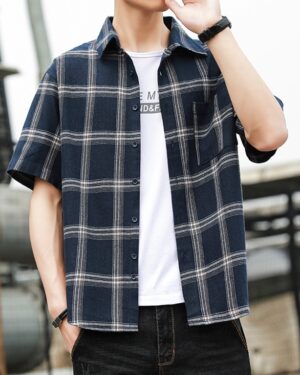 Blue Wide Plaid Short Sleeves Shirt | Doyoung - NCT