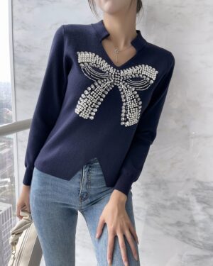 Navy Blue Beaded Bow Sweater | Seulgi - Red Velvet