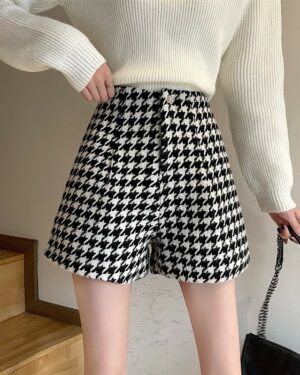 Black And White Houndstooth Shorts | Joy - Red Velvet