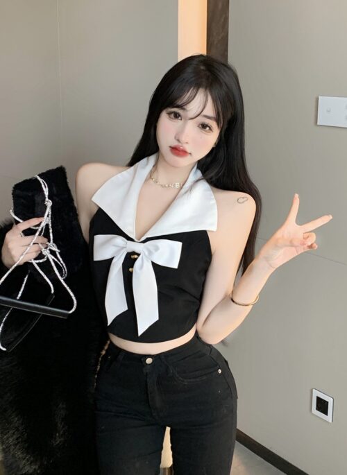 Black Bowknot Halter Crop Top | Momo - Twice