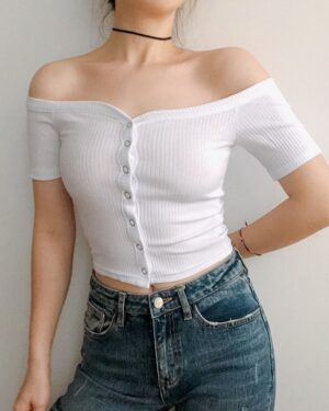 White Off-Shoulder Cropped Top | Momo - Twice