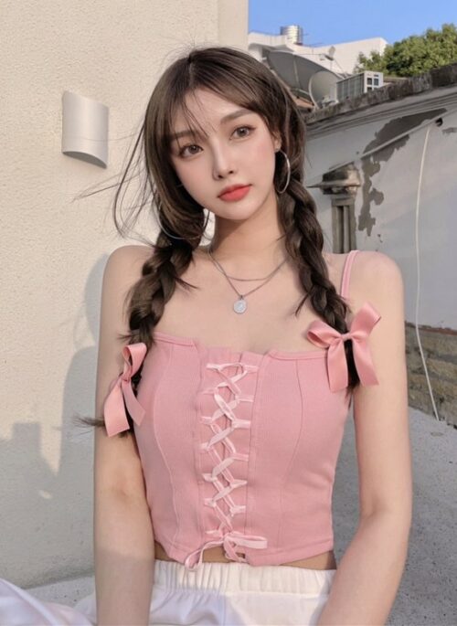 Pink Lace-Up Corset Crop Top | Momo – Twice