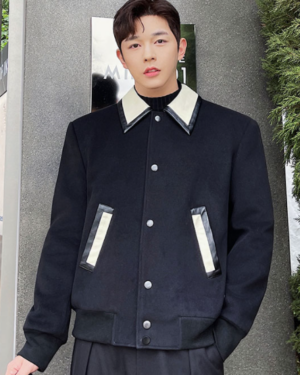 Black Leather Collar Wool Jacket | Wonwoo - Seventeen