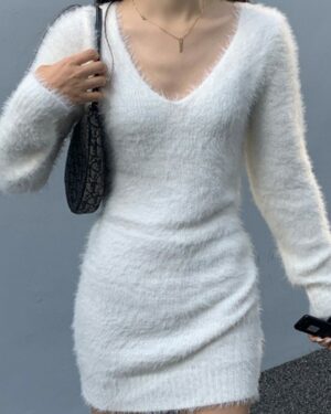 White Fluffy Long Sleeves Dress | Winter - Aespa