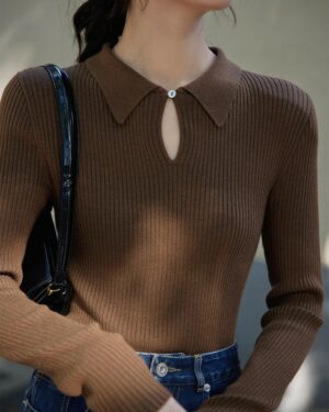 Brown Cut-Out Collar Knitted Top | Lee Sol Yi - Our Beloved Summer