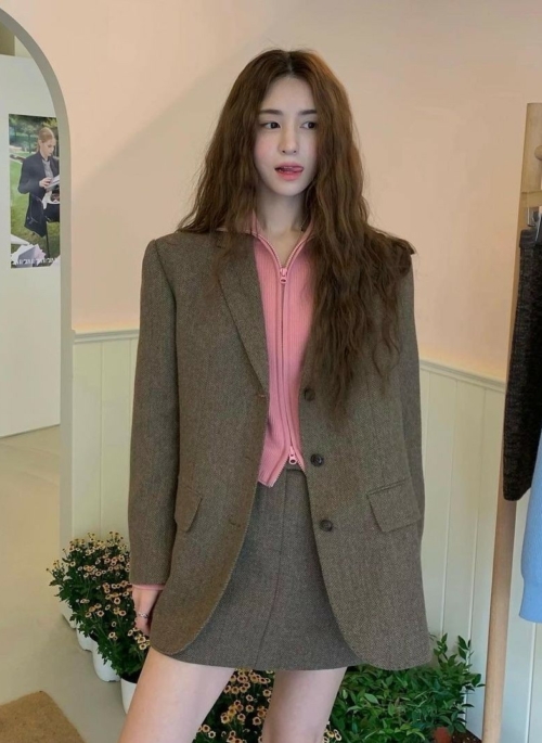 Dark Brown Herringbone Suit Blazer Jacket | Kook Yeon Su - Our Beloved Summer