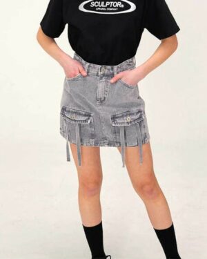 Grey Denim with Front Pocket Skirt | Lia - ITZY