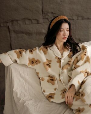 Beige Button Down Bear Pattern Pajama Set | Enhypen - Jungwon