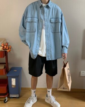 Blue Square-Pocketed Denim Shirt | Mingi - ATEEZ