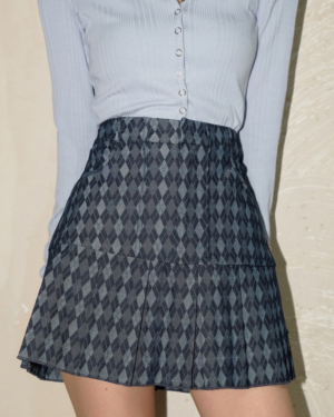 Blue Argyle Pleated Denim Skirt | Gowon - Loona