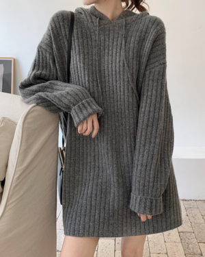 Grey Hooded Ribbed Sweater Dress | Jungwon - Enhypen