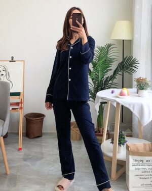 Navy Blue Pajama Set With White Linings | Olivia - Loona