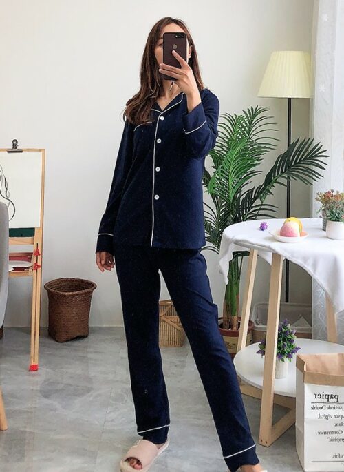 Navy Blue Pajama Set With White Linings | Olivia - Loona