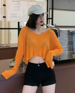 Orange V-Neck Rib Thin Sweater | Soojin - (G)I-DLE