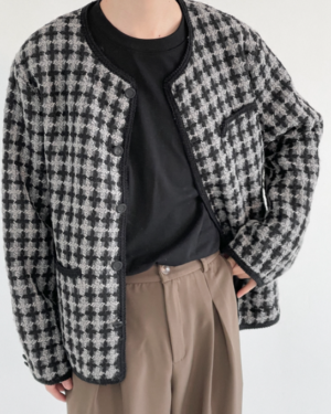 Grey Tweed Plaid Loose Jacket | Seonghwa - ATEEZ