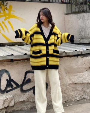 Black And Yellow Contrast Striped Cardigan | Lay - EXO