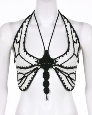 White Backless Crocheted Butterfly Crop Top | Ningning - Aespa