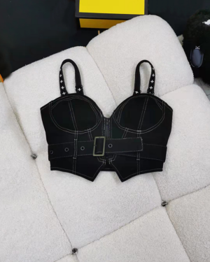 Black Denim Bustier Belted Crop Top | Yuqi - (G)I-DLE