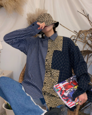 Blue Leopard Plaid Patchwork Shirt | Hyunjin  - Stray Kids