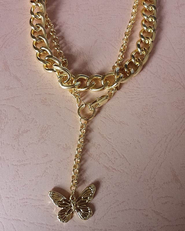 Gold Butterfly Pendant Double-Layer Choker | Dahyun - Twice