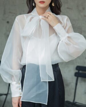 White Lantern Sleeve Bowknot Blouse | Olivia - Loona