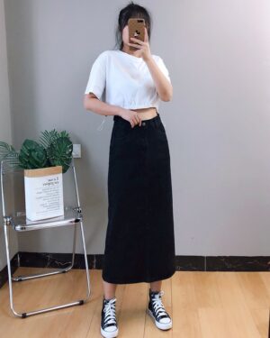 Black Midi Denim Skirt | Heejin - Loona